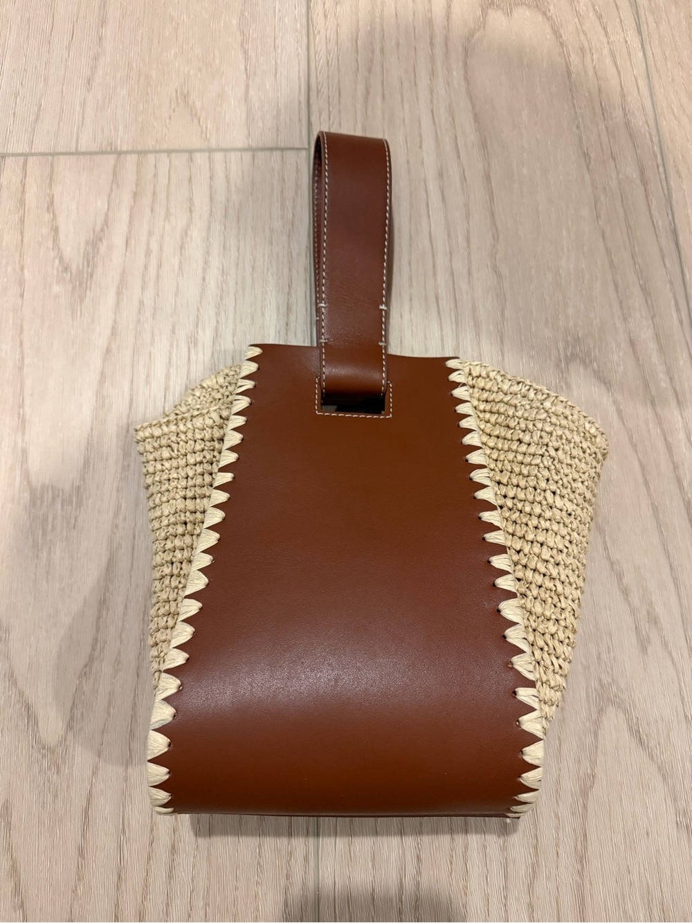 NWT J. Crew Brown and Natural Woven Leather-Trim Wristlet Tote top handle bag - Picture 1 of 3